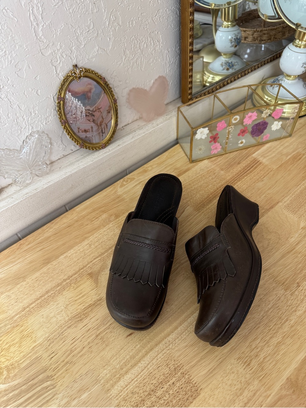 Whimsical Size 10 Brown Leather Kiltie Loafer Mules Wedge Heels Y2K Indie Fall
